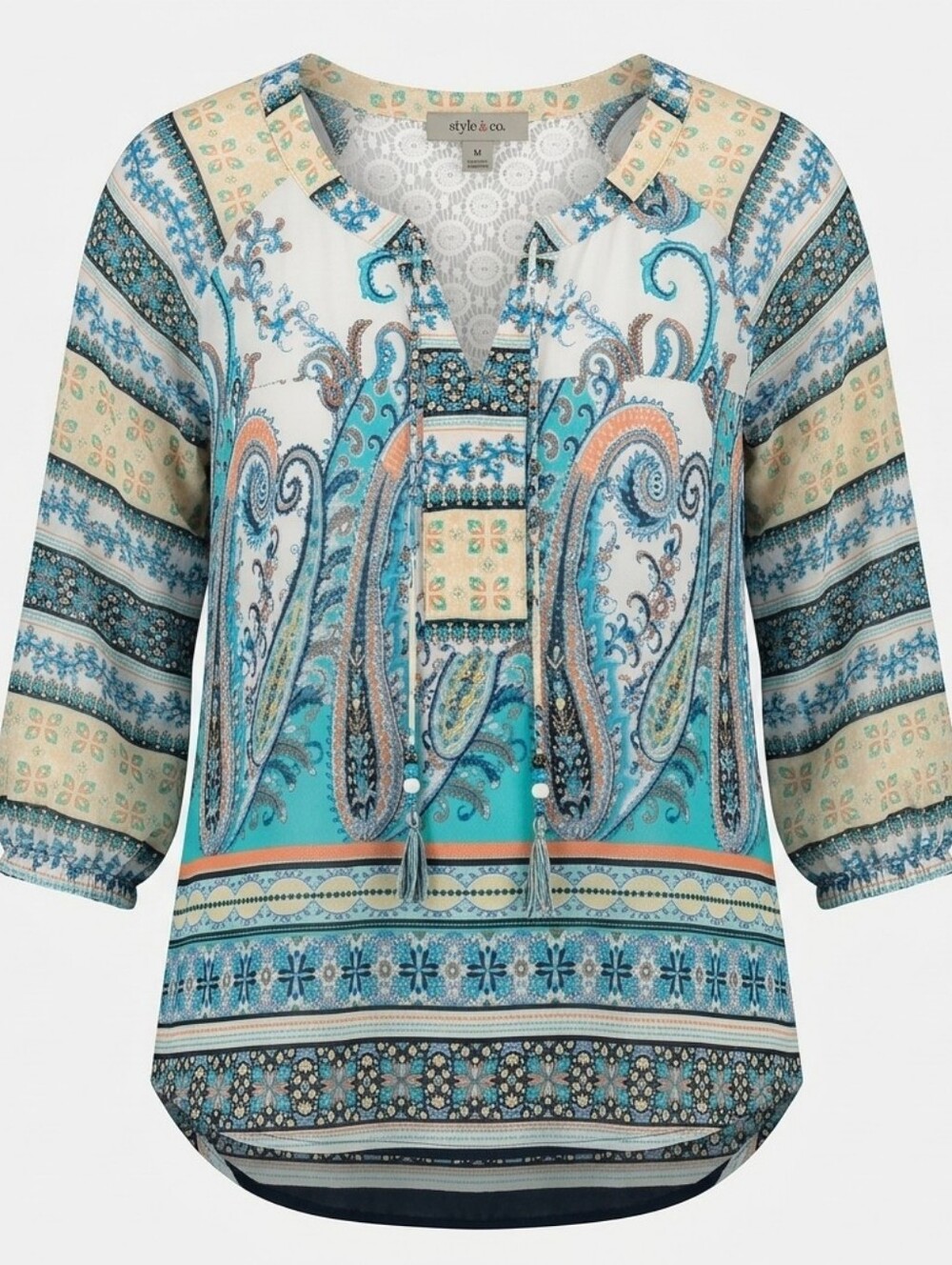 Figueroa And Flower Paisley Boho Blue And White Flowy Lace Tunic Top Size M